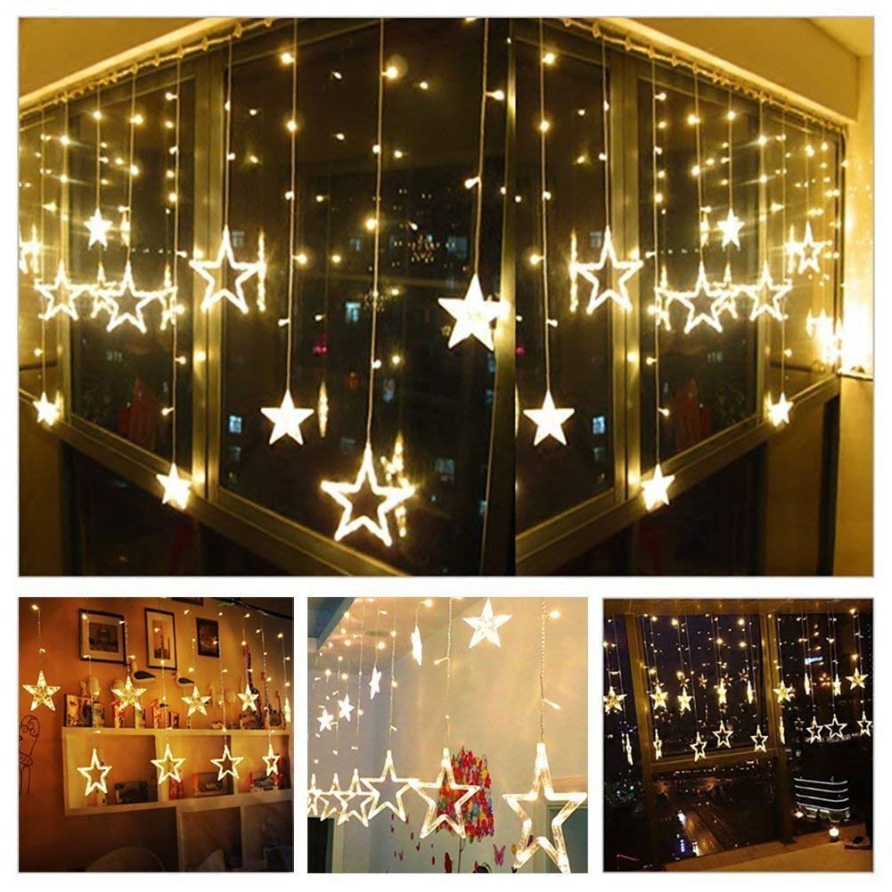 PESCA 12 Stars Curtain String Lights, Window Curtain Hanging Light with 8 Flashing Modes Decoration for Diwali, Christmas, Wedding, Party, Home, Patio Lawn, Warm White - Warm White - View 2 of 5