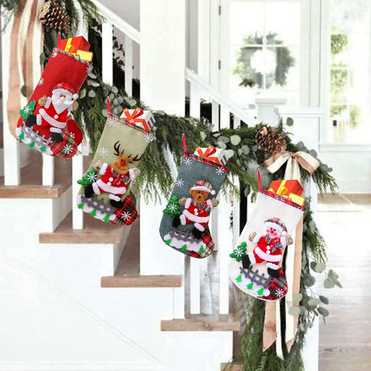HASTHIP® Set of 4 Christmas Decorations Stocking, 10 inch Linen Christmas Gift Stocking, Hanging Christmas Stockings Set Christmas Stocking Christmas Stocking for Window, Christmas Socks - View 4 of 5