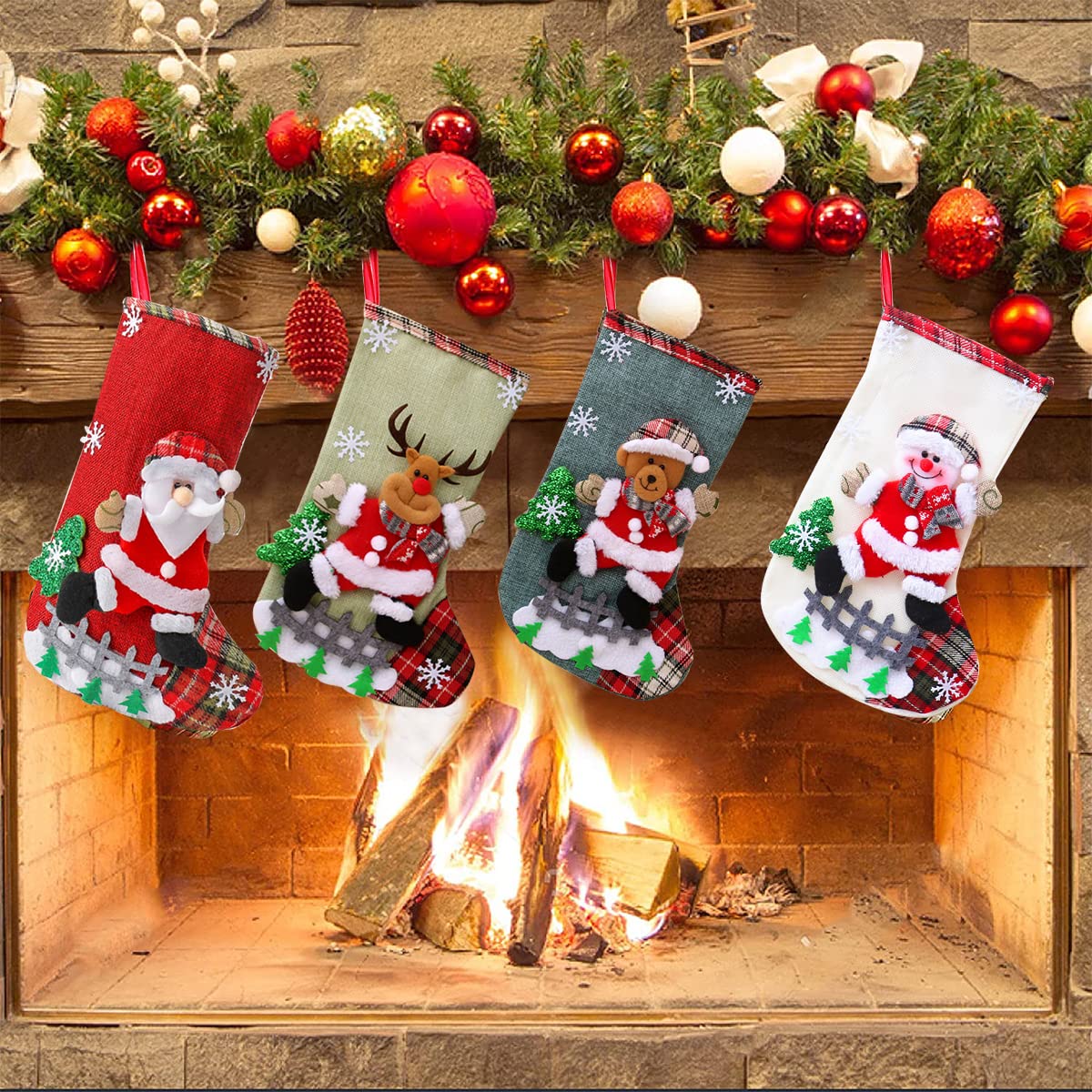 HASTHIP® Set of 4 Christmas Decorations Stocking, 10 inch Linen Christmas Gift Stocking, Hanging Christmas Stockings Set Christmas Stocking Christmas Stocking for Window, Christmas Socks - View 3 of 5