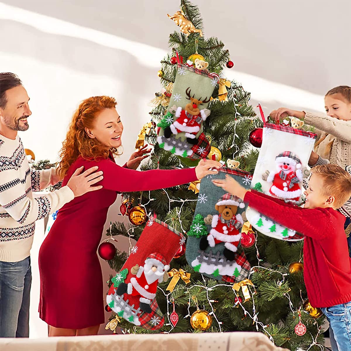 HASTHIP® Set of 4 Christmas Decorations Stocking, 10 inch Linen Christmas Gift Stocking, Hanging Christmas Stockings Set Christmas Stocking Christmas Stocking for Window, Christmas Socks - View 2 of 5