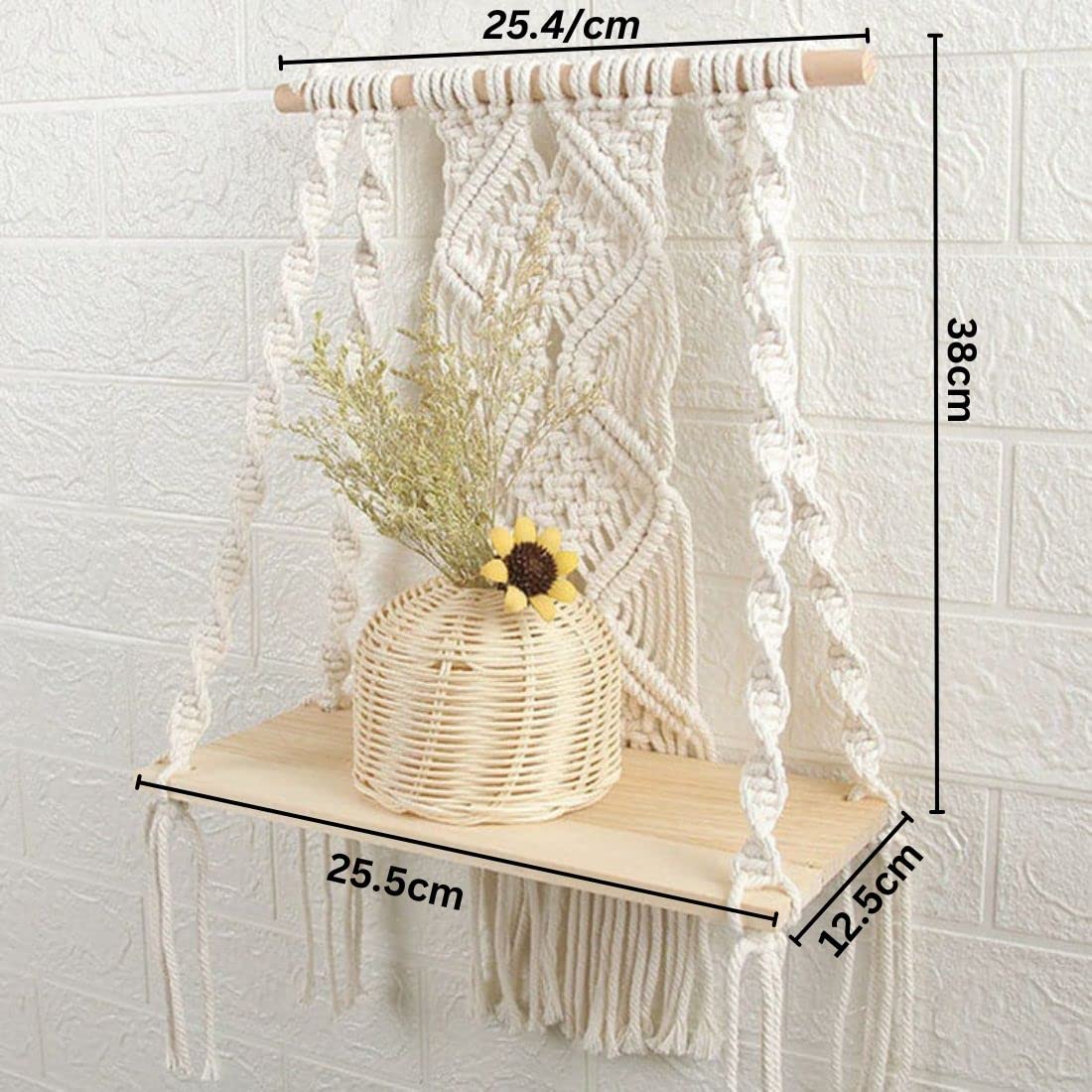 TMS | Macrame Wall Hanging Decor | Macrame Wall Hanging Shelf | Wood Floating Hanging Shelf Storage Shelf Bohomian Wall Décor (Size 10 x 5 x 22 Inches) 1 Pcs, Off-White - View 3 of 3