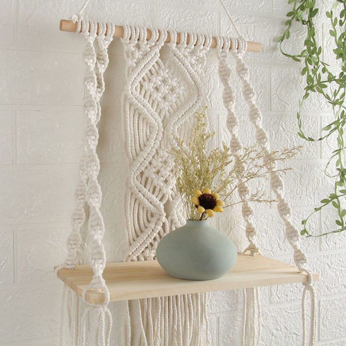 TMS | Macrame Wall Hanging Decor | Macrame Wall Hanging Shelf | Wood Floating Hanging Shelf Storage Shelf Bohomian Wall Décor (Size 10 x 5 x 22 Inches) 1 Pcs, Off-White - View 2 of 3