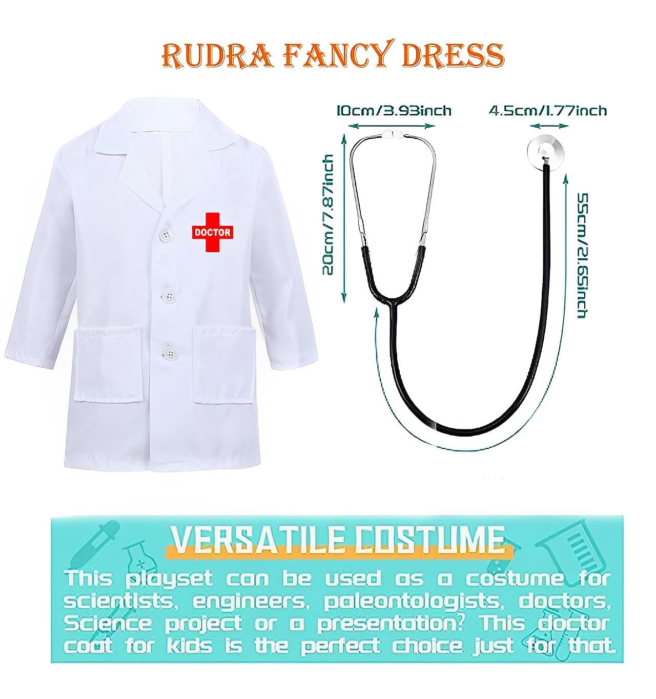 Rudra Fancy Dress Doctor Coat &amp; Nurse dress for Kids | Doctor Lab Coat Costumes for boys &amp; girls | Nurse Costumes for girls | Community Helpers Costumes Fancy dress competition for boys &amp; girls - View 3 of 5