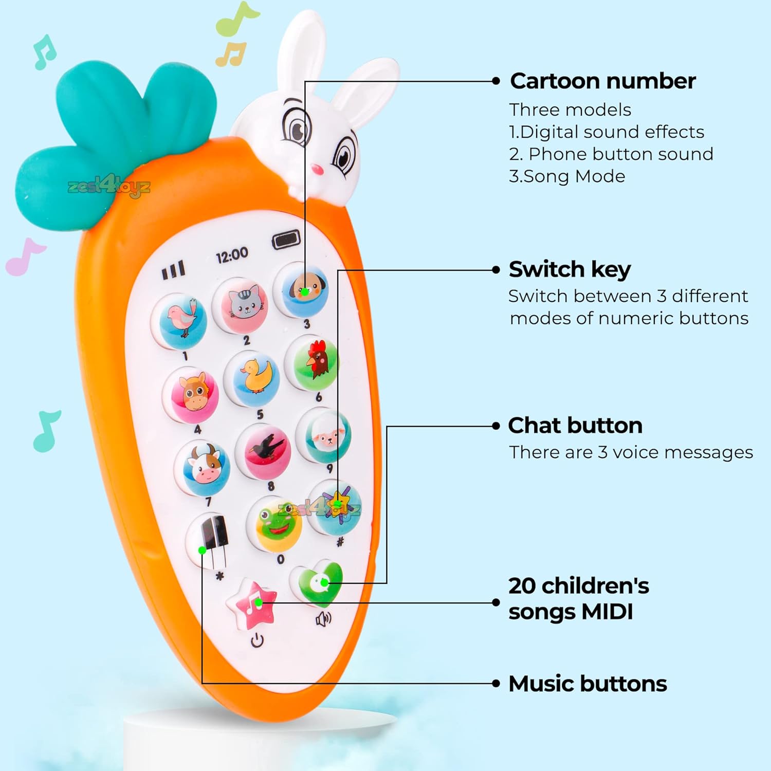 zest 4 toyz Mobile Phone Toys for Kids Smart Phone Cordless Feature Rabbit Mobile Musical Sound Toys with Smart Light Battery Operated Birthday Gifts for Girls Boys (Pack of 1) Battery Included - View 3 of 4