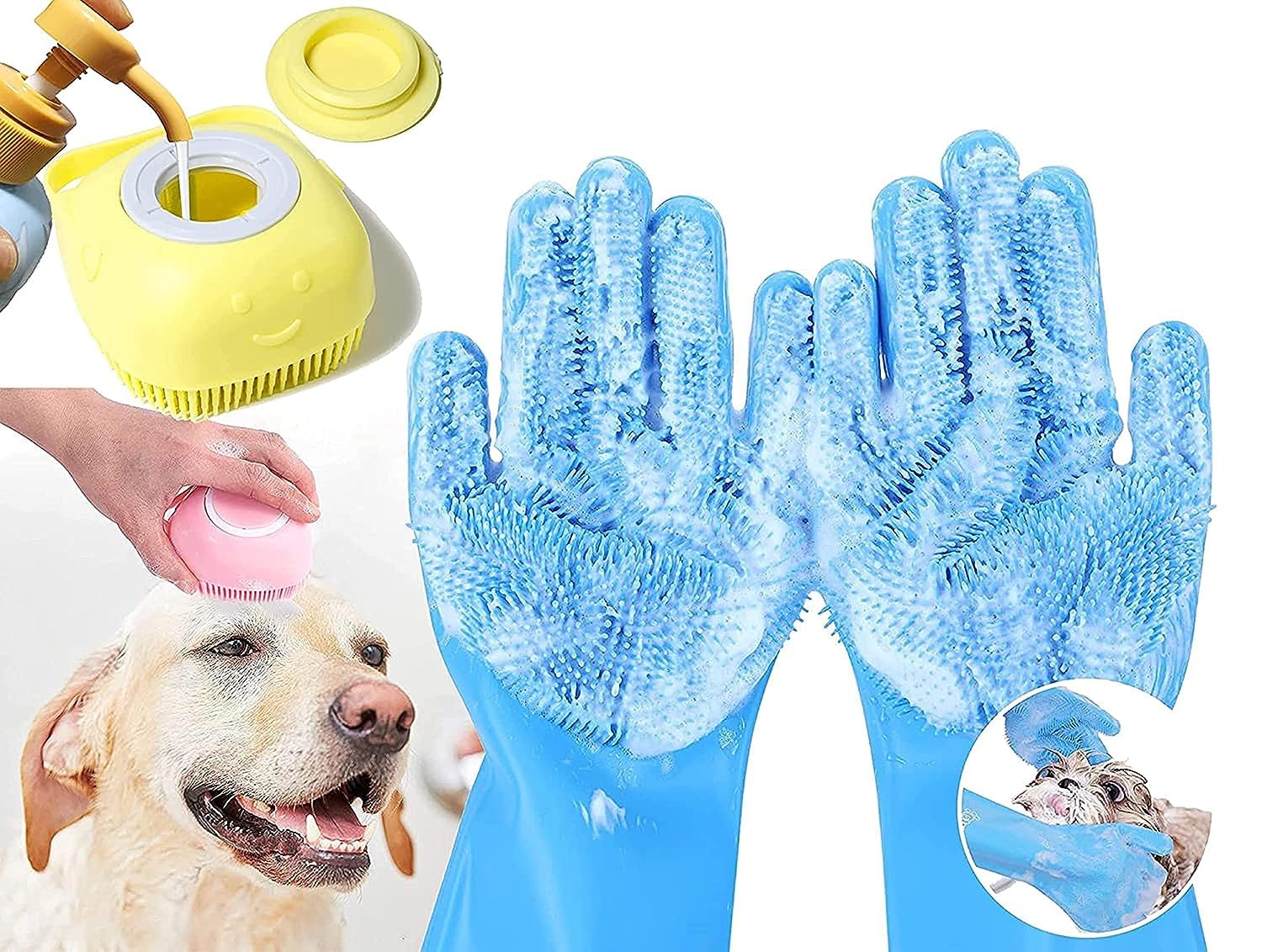 HUDACRUSH BEAUTY Pack of 2 Dog cats Pet Grrooming Silicon shampoo Dispenser Brush with 1 Pair Bathing Gloves Soft Bristle For Soothing scrubber Massage - Related product