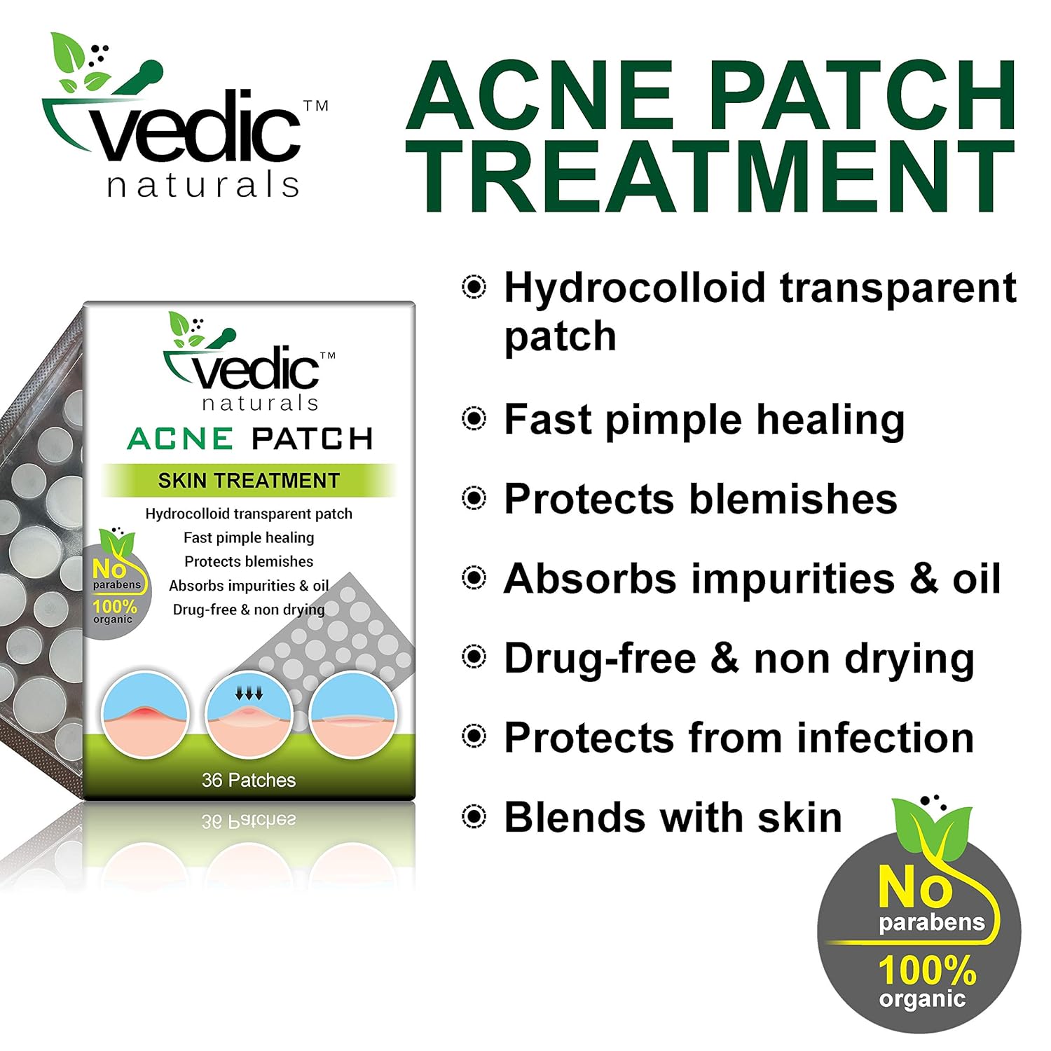 Vedic Naturals Acne Pimple Patches For Face &amp; Skin Treatment Cover With 100% Hydrocolloid Transparent Patch, Fast Pimple Healing, Drug Free, Non Drying &amp; Water Proof - 36 Patches - Pack Of 1 - View 6 of 7
