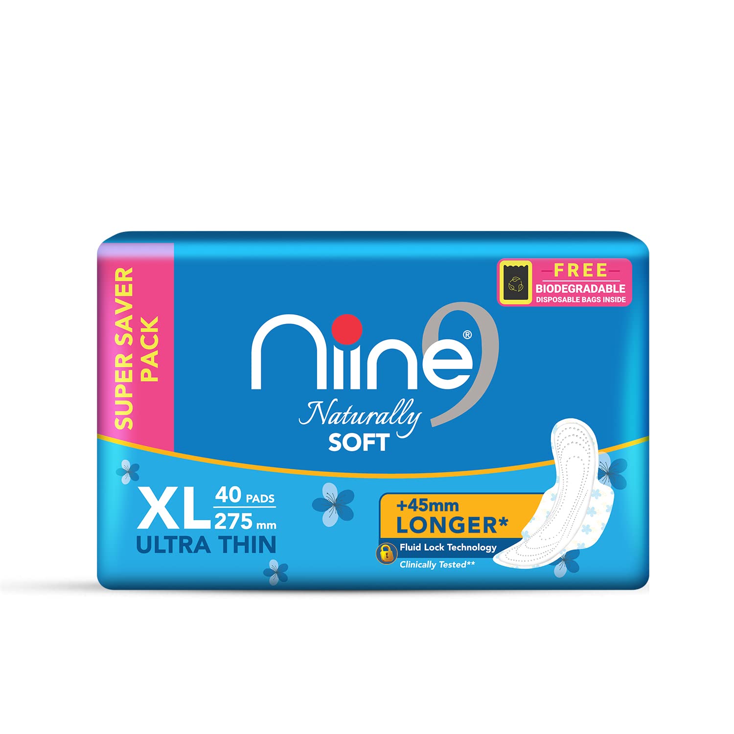 Niine Naturally Soft Ultra Thin XL Sanitary Pads for Women| 40 Pads, Pack of 1| 275mm Long| Cottony Soft Top Cover| Fast Absorption| With Fluid Lock Gel Technology| With Free Biodegradable Disposable Bags - Related product
