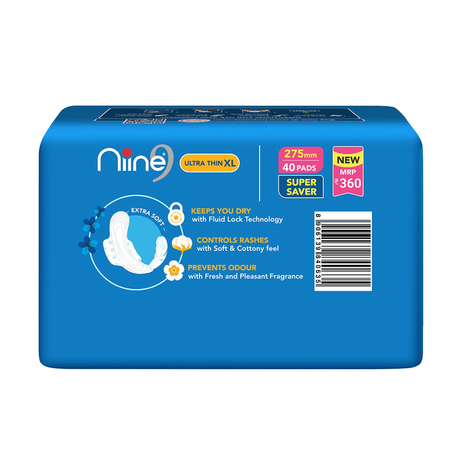 Niine Naturally Soft Ultra Thin XL Sanitary Pads for Women| 40 Pads, Pack of 1| 275mm Long| Cottony Soft Top Cover| Fast Absorption| With Fluid Lock Gel Technology| With Free Biodegradable Disposable Bags - View 5 of 5