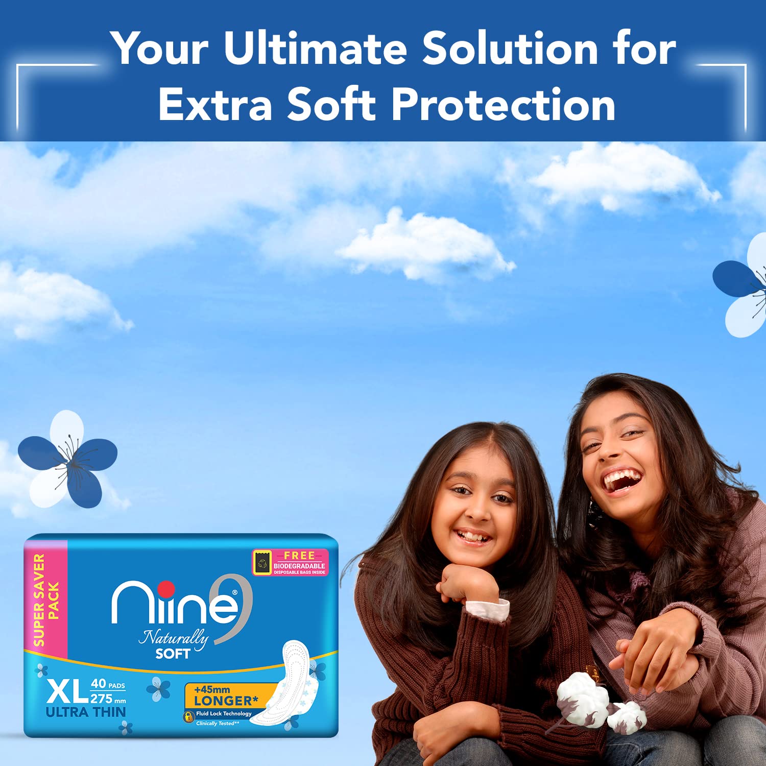 Niine Naturally Soft Ultra Thin XL Sanitary Pads for Women| 40 Pads, Pack of 1| 275mm Long| Cottony Soft Top Cover| Fast Absorption| With Fluid Lock Gel Technology| With Free Biodegradable Disposable Bags - View 3 of 5