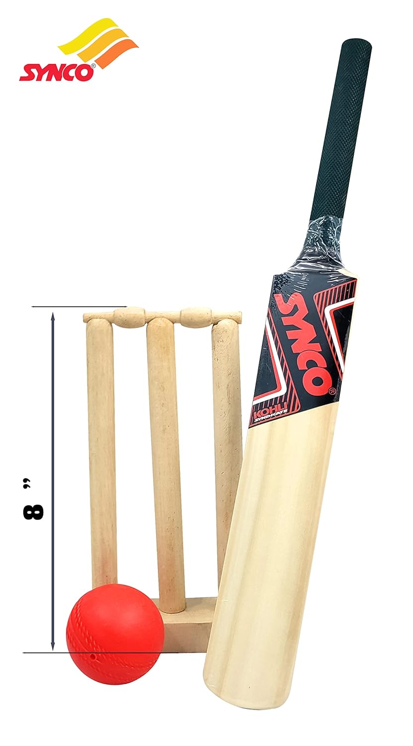Synco Wooden Mini Cricket Set (1 Poplar Wooden Bat, 1 Wicket with Stump and Base, 1 Plastic Ball, Light Weight, Suitable for Kids, for Indoor as Well as Outdoor) - View 5 of 6