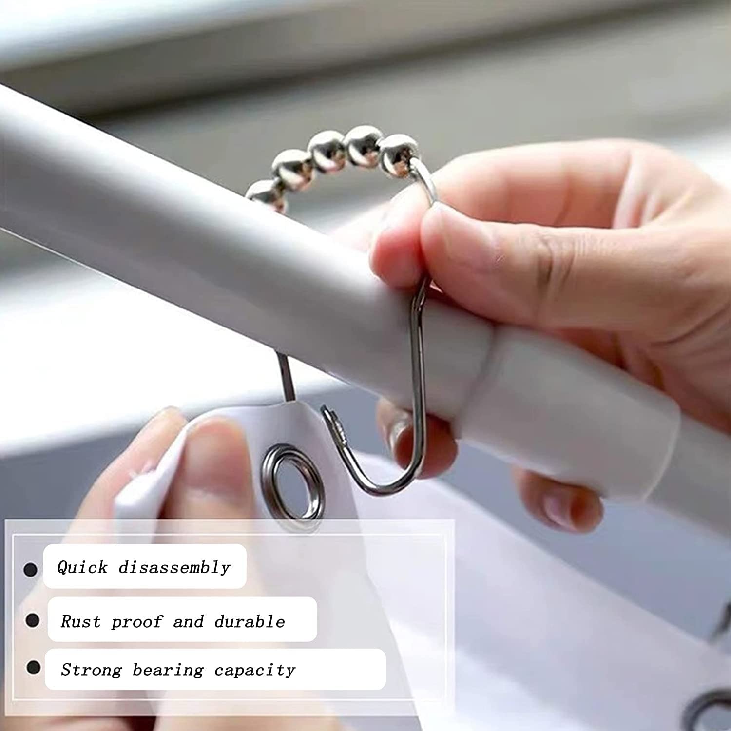 Gitesh Grip 5 Roller Ball Curtain Hooks Rings Thick Striped Stainless Steel Shower Curtain Hanger for Clothes- (Pack of 12 pcs) - View 4 of 8