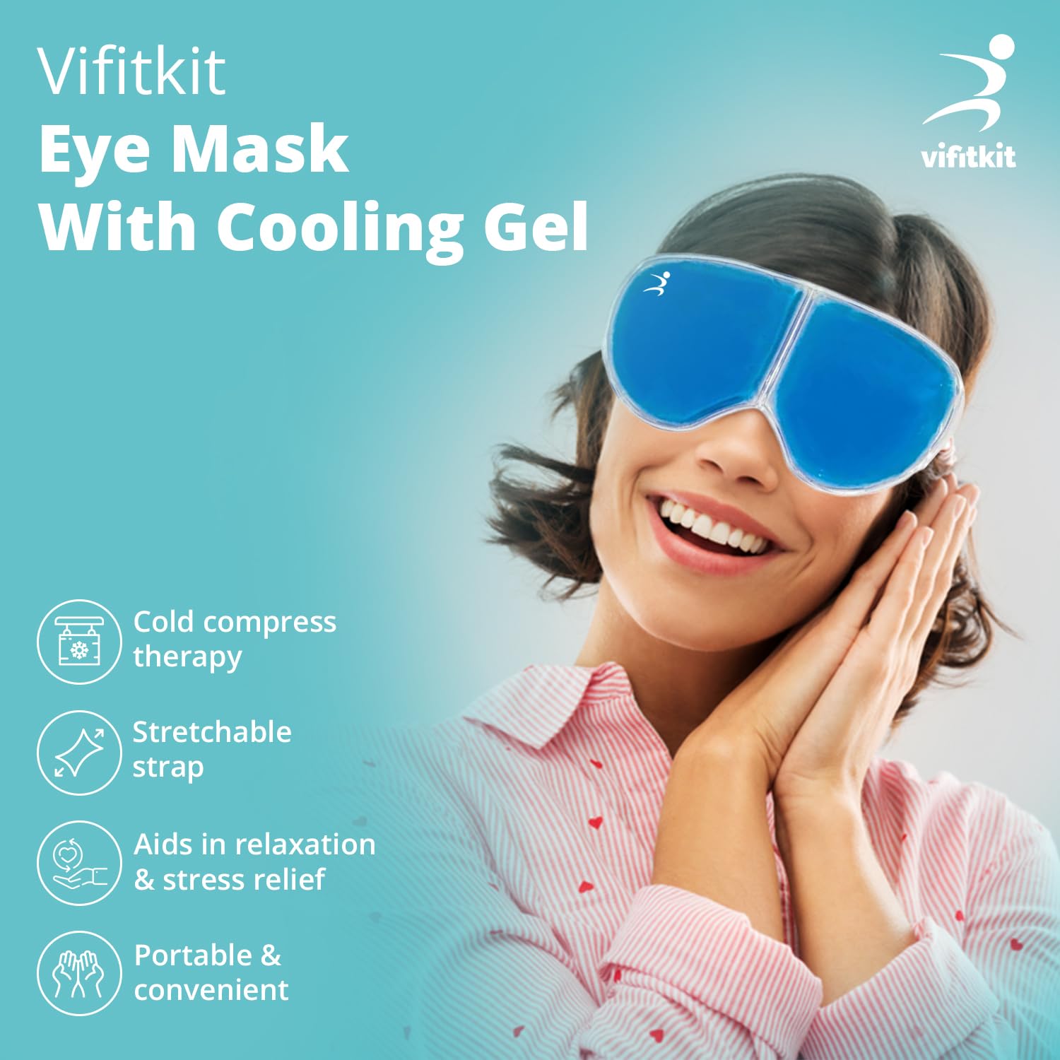 Vifitkit Eye Mask with Cooling Gel for Sleeping, Eye Mask for Dark Circles, Dry Eyes, Cooling Eyes, Pain Relief, Eye Relaxing, Redness, Eye Patches, Eye Cooling Gel Pad with Stretchable Band (Blue) - View 4 of 4