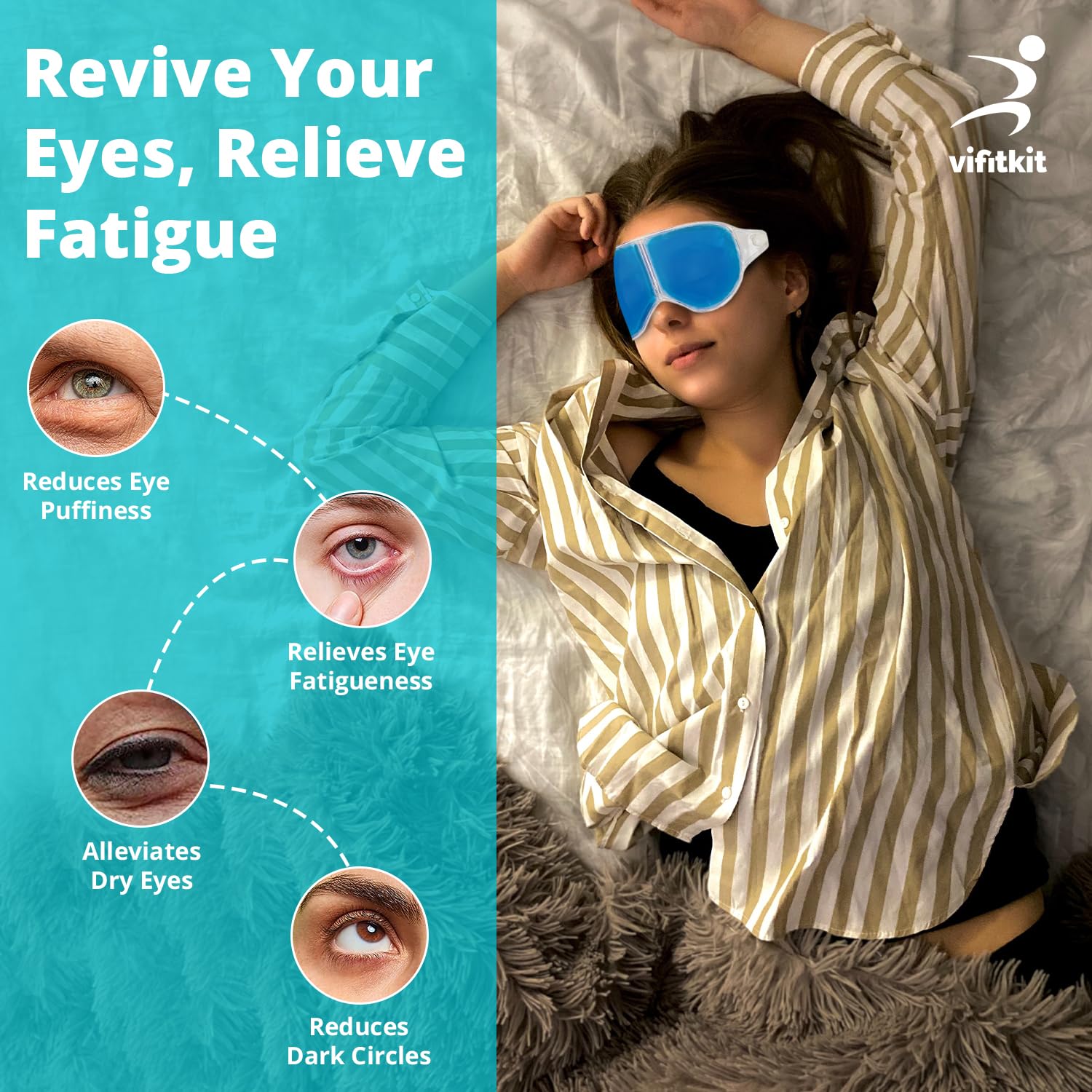 Vifitkit Eye Mask with Cooling Gel for Sleeping, Eye Mask for Dark Circles, Dry Eyes, Cooling Eyes, Pain Relief, Eye Relaxing, Redness, Eye Patches, Eye Cooling Gel Pad with Stretchable Band (Blue) - View 3 of 4