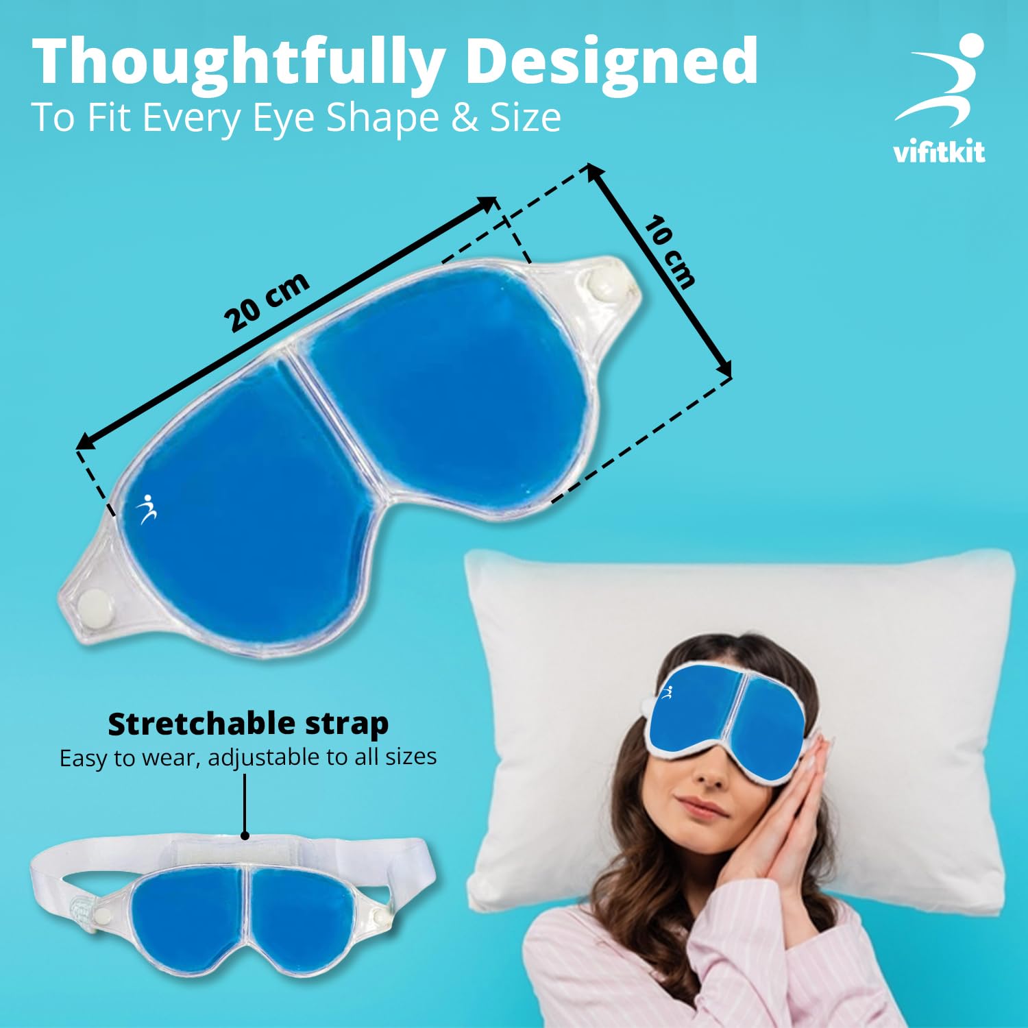 Vifitkit Eye Mask with Cooling Gel for Sleeping, Eye Mask for Dark Circles, Dry Eyes, Cooling Eyes, Pain Relief, Eye Relaxing, Redness, Eye Patches, Eye Cooling Gel Pad with Stretchable Band (Blue) - View 2 of 4