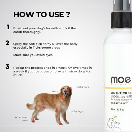 Moe Puppy Anti Tick Spray (100 ml) for Pets, Natural, Long-Lasting Protection, with Lemongrass, Citronella, Eucalyptus, Rosemary Oils, Aloe Vera Extract (FROM INDIA) NUSS - View 2 of 6