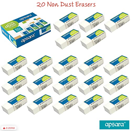Apsara Non Dust Eraser Regular | Erases Gently | No Paper Damage | Soft &amp; Smooth | Residue sticks to eraser | Use for Students, Artists, Professionals | Pack of 20 Erasers (FROM INDIA) NUSS - View 3 of 4