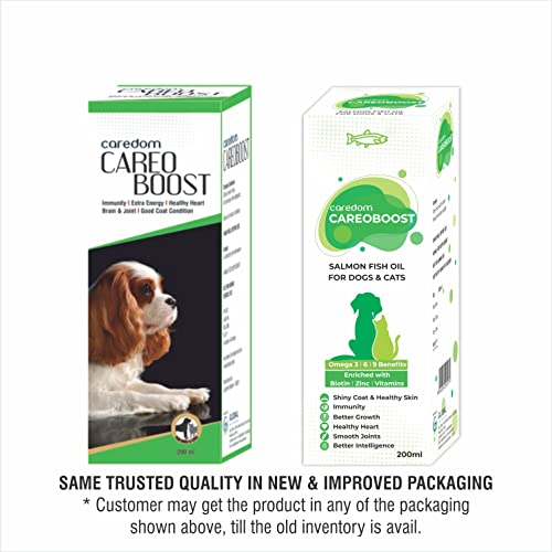 Caredom CAREOBOOST | Salmon Fish Oil for Dogs &amp; Cats | Rich in Omega 3, 6 &amp; 9 | Enriched with Biotin, Zinc, Vitamins, EPA &amp; DHA| Shiny Coat &amp; Healthy Skin | Immunity Booster | Optimum Growth (200 ML) (FROM INDIA) NUSS - View 2 of 3