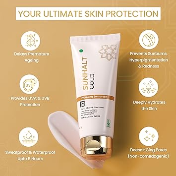 SUNHALT GOLD Sunscreen SPF 50 PA+++ for UV Broad Spectrum Protection, Hydrating Gel With Aloe Vera, No White Cast, Water Resistant, Dermatologically Tested, For Men and Women, All Skin Types, 60g - View 2 of 4
