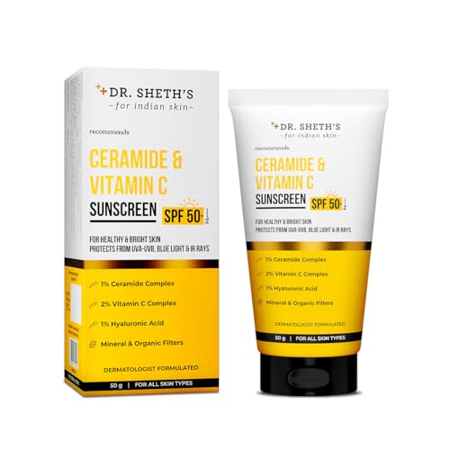 Dr. Sheth's Ceramide & Vitamin C Sunscreen SPF 50+ PA+++, In-Vivo Tested, Brightening & Barrier-Boosting Formula, No White Cast, Non-Greasy & Fast Absorbing, UVA/UVB & Blue Light Protection, For All Skin Types , 50g - Related product