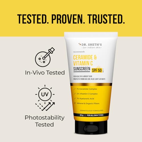 Dr. Sheth's Ceramide & Vitamin C Sunscreen SPF 50+ PA+++, In-Vivo Tested, Brightening & Barrier-Boosting Formula, No White Cast, Non-Greasy & Fast Absorbing, UVA/UVB & Blue Light Protection, For All Skin Types , 50g - View 3 of 5