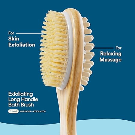 Bloom 2-in-1 Long Handle Body Brush, For Skin Exfoliation and Massage, Reduces Cellulite, Stimulates Blood Circulation, Removes Dead Skin Cells, Natural Soft Bristles, 1 Unit - View 2 of 5