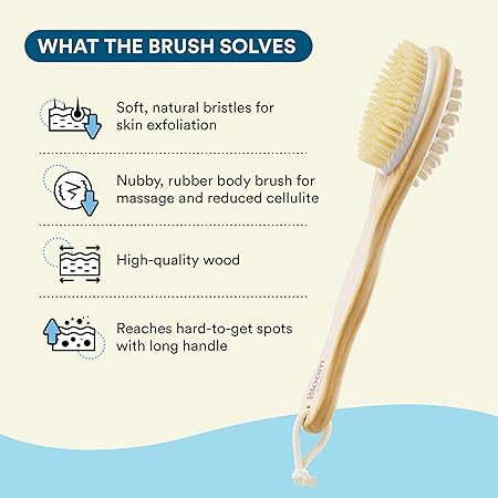 Bloom 2-in-1 Long Handle Body Brush, For Skin Exfoliation and Massage, Reduces Cellulite, Stimulates Blood Circulation, Removes Dead Skin Cells, Natural Soft Bristles, 1 Unit - View 3 of 5