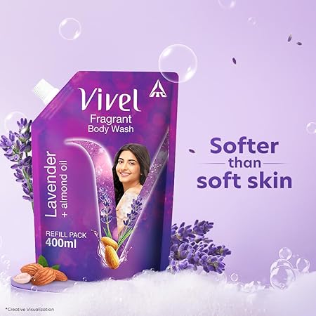 Vivel Fragrant Body Wash – Lavender & Almond Oil, 400ml Supersaver Refill Pouch | Moisturizing Shower Gel for Soft, Smooth Skin | Effective Cleansing for Women & Men - View 3 of 5
