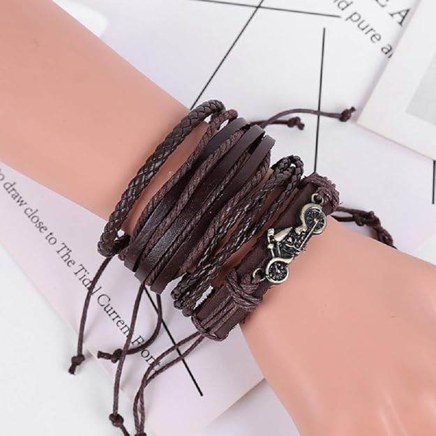 Jewelgenics Funky Multistrand Bike Charm Brown Leather Bracelet for Men and Boys (Set of 4) - View 2 of 4