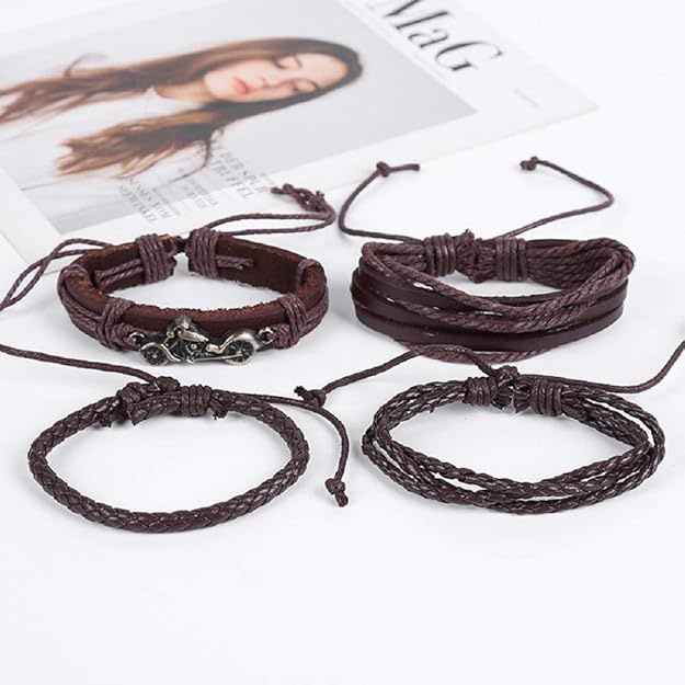 Jewelgenics Funky Multistrand Bike Charm Brown Leather Bracelet for Men and Boys (Set of 4) - View 3 of 4