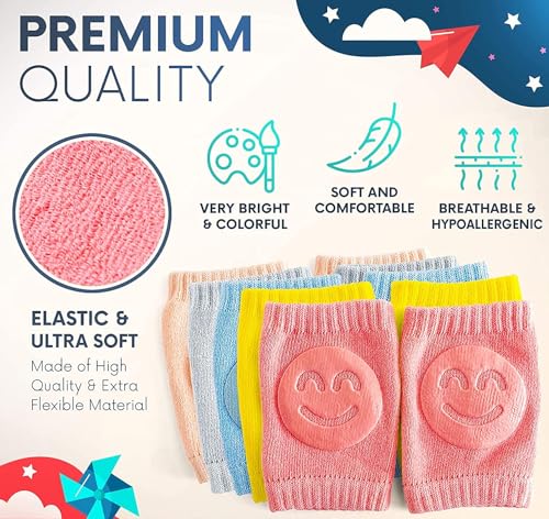 MOMITTLE- Pack of 2 Pair Baby Smiley Knee Pads for Crawling,Anti-Slip Padded Stretchable Elastic Cotton Soft Breathable Comfortable Knee Cap Elbow Safety Protector Random Color,All Color - View 4 of 4