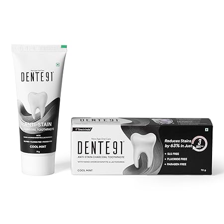 Dente91 Anti-Stain Charcoal Toothpaste for Stain Removal and Teeth Whitening, Protects Against Dental Caries, Strengthens Enamel, Reduces 63% Stains, Whitens Teeth by 80% in Just 3 Days, 70g - Related product