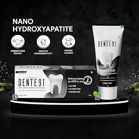 Dente91 Anti-Stain Charcoal Toothpaste for Stain Removal and Teeth Whitening, Protects Against Dental Caries, Strengthens Enamel, Reduces 63% Stains, Whitens Teeth by 80% in Just 3 Days, 70g - View 2 of 5