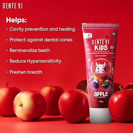 Dente91 Kids Toothpaste with Apple Flavour, Protects Against Dental Caries and Hypersensitivity, Fluoride Free, 45g - View 3 of 5