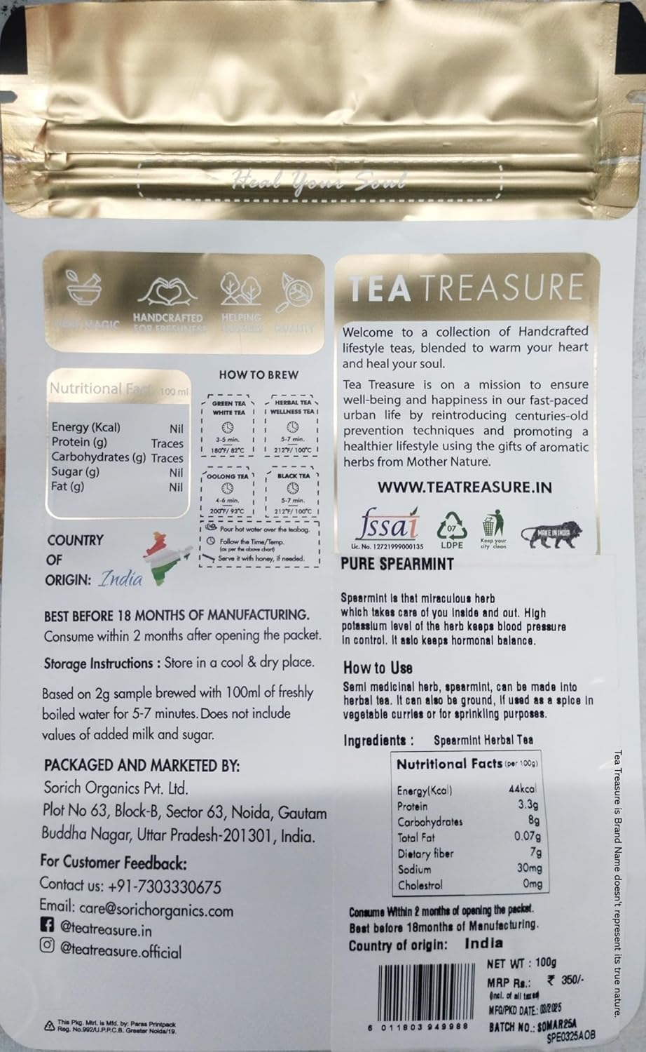 Tea Treasure Spearmint Herbal Tea 100gm | Spearmint Tea for PCOS, PCOD, Unwanted Hair | Spearmint Tea Loose Leaves | Boosts Immunity | Reduces Stress | Rich in Antioxidants | Aids Digestion - Shop at Colombo Mall