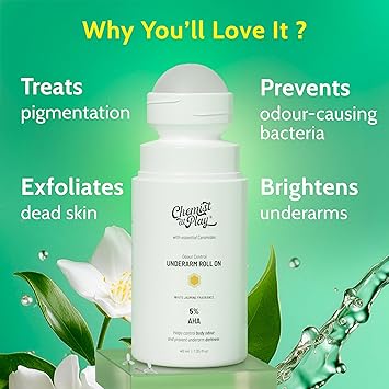 Chemist at Play Underarm Roll-On (40ml) – 5% AHA, 1% Mandelic Acid Brightens, Exfoliates & Fights Odour Alcohol-Free White Jasmine\For Sensitive Skin  Let me know if you'd like a short description, bullet poin - View 4 of 5