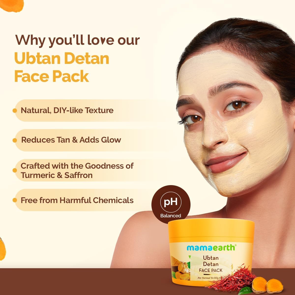 Mamaearth Ubtan Detan Face Pack with Turmeric & Saffron for Normal to Oily Skin 200 g | Natural, DIY-like Texture | Instantly Reduces Tan, Adds Glow | Clay Face Mask | Free From Harmful Chemicals - View 7 of 8