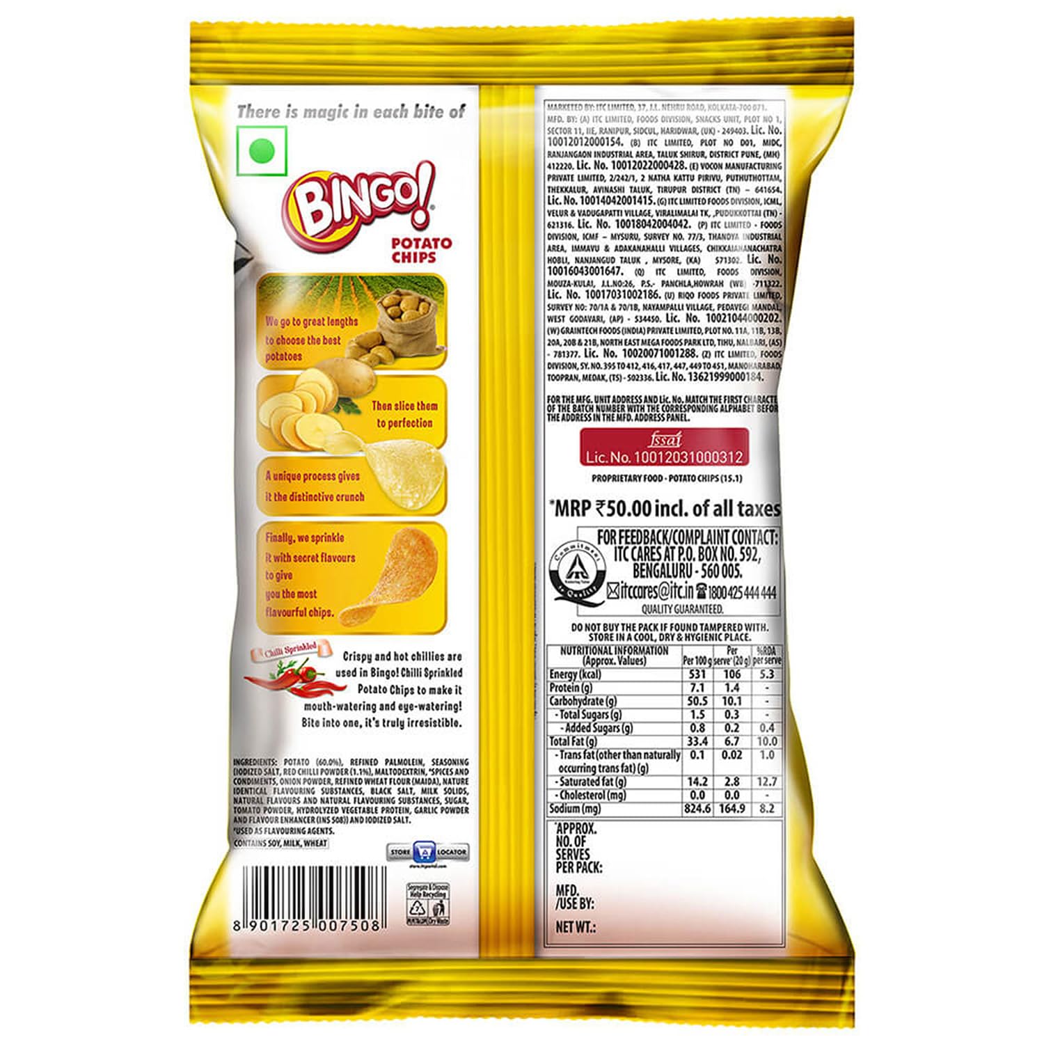 Bingo! Original Style Chilli Sprinkled - Flat Cut Spicy Potato Chips Pack for Snacks, 90g/85gram(Weight may vary) - View 5 of 7