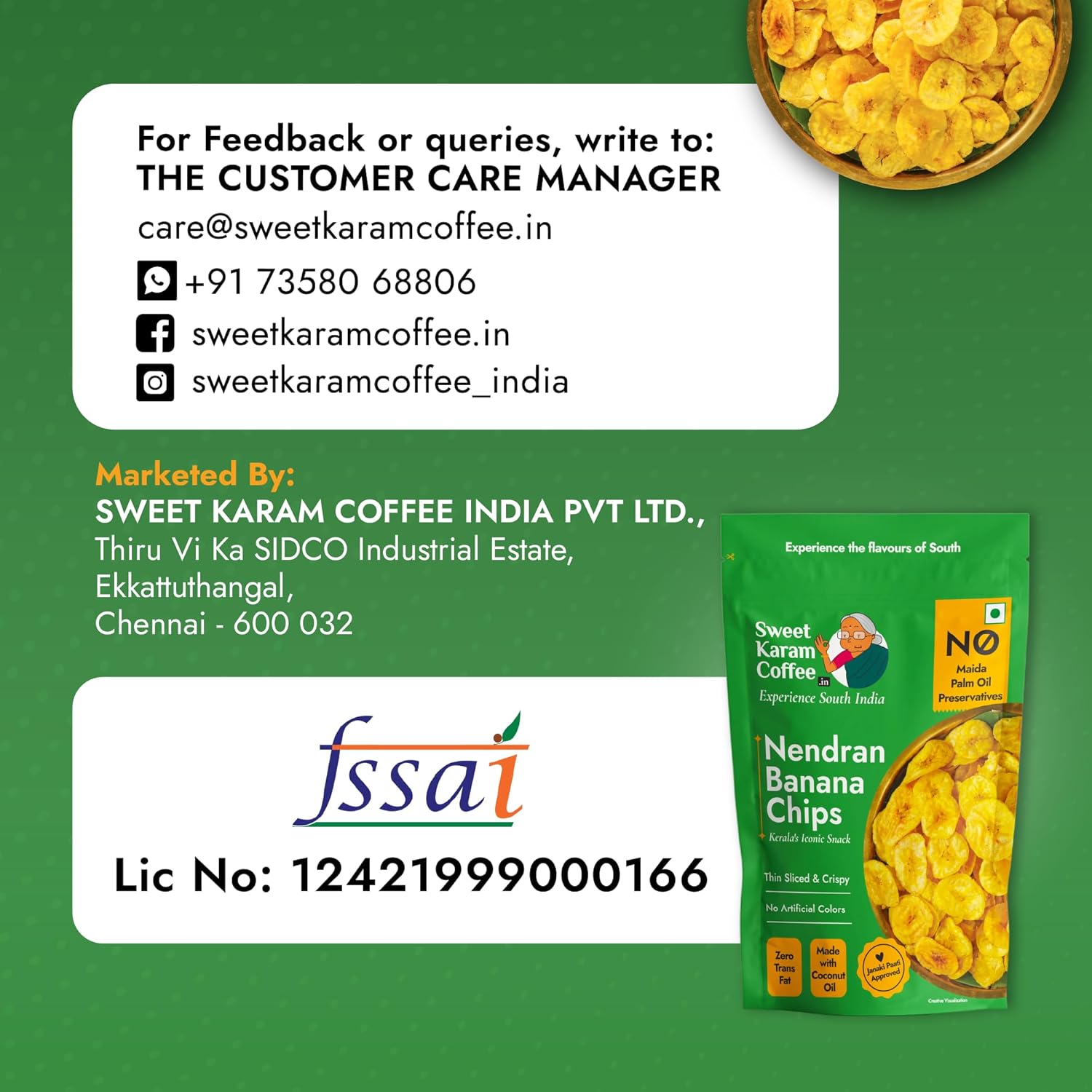 Sweet Karam Coffee Nendran Banana Chips – 95 grams | Made with 100% Coconut Oil | No Preservatives | Kerala Special Crispy, Thin Sliced Yellow Plantain Wafers | Healthy Tea Time Snack - View 6 of 6