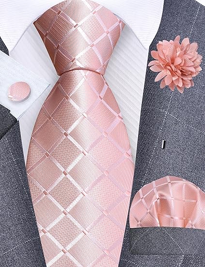 GUSLESON 3.15"（8cm） Mens Tie and Lapel Pin Plaid Checkered Necktie Hankerchief Cufflinks Set for Men- Rose Gold - View 5 of 5