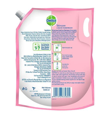 Dettol Liquid Handwash Refill – Skincare Hand Wash- 1500ml | pH Balanced | 10x Better Germ Protection - View 2 of 4