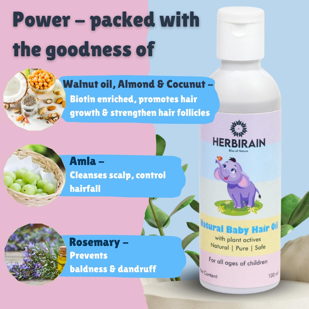 HERBIRAIN Nourishing Baby Hair Oil With Almond,Walnut Oil &amp; Cocunut milk 100 ml | Suitable Hair Oil For All Newborn &amp; Growing Kids | Non -Greasy Paraben Free, Sulphate Free (FROM INDIA) NUSS - View 3 of 3