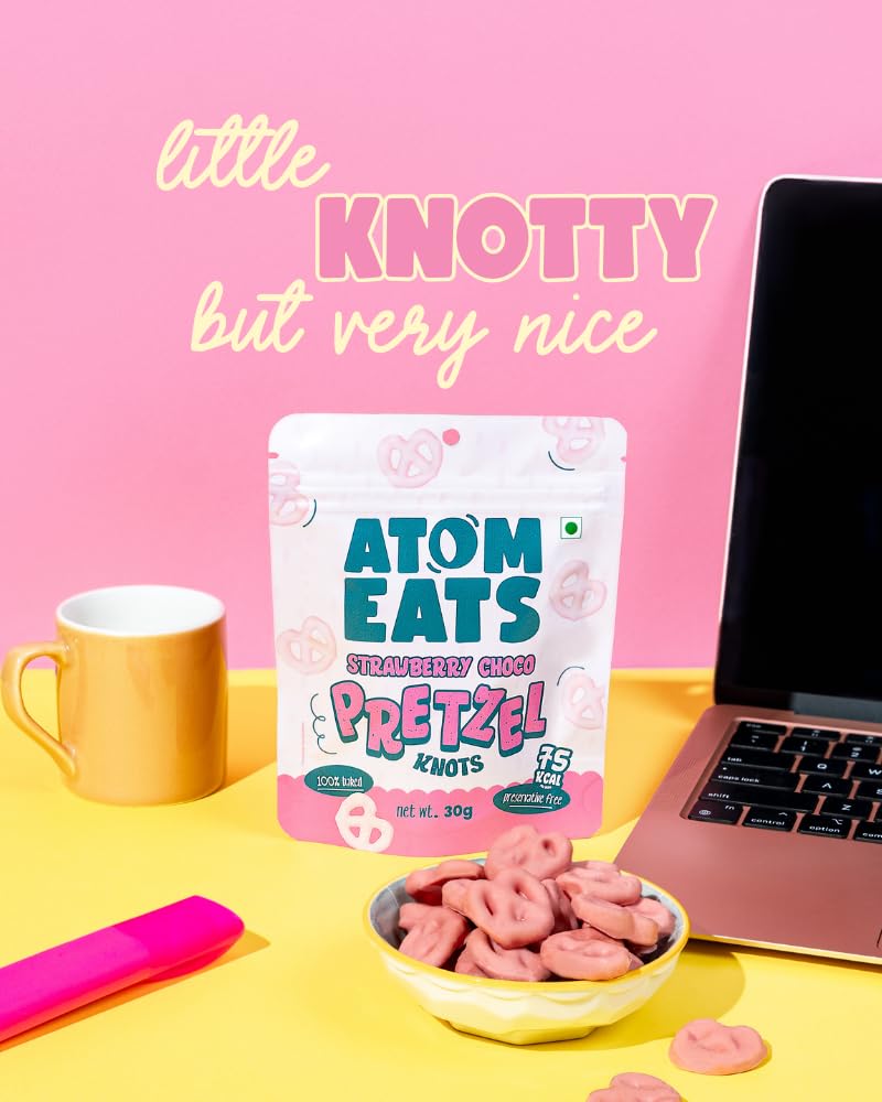 Atom Eats | Strawberry Pretzels 30g | Pack of 1 | Mini Pretzel Knots | Luxurious Strawberry Flavoured , Elegant Swirls - Perfect Gourmet Snack for Coffee, Wine, and Desserts - Imported Gift Quality | 100% Baked | Preservative Free - View 2 of 4