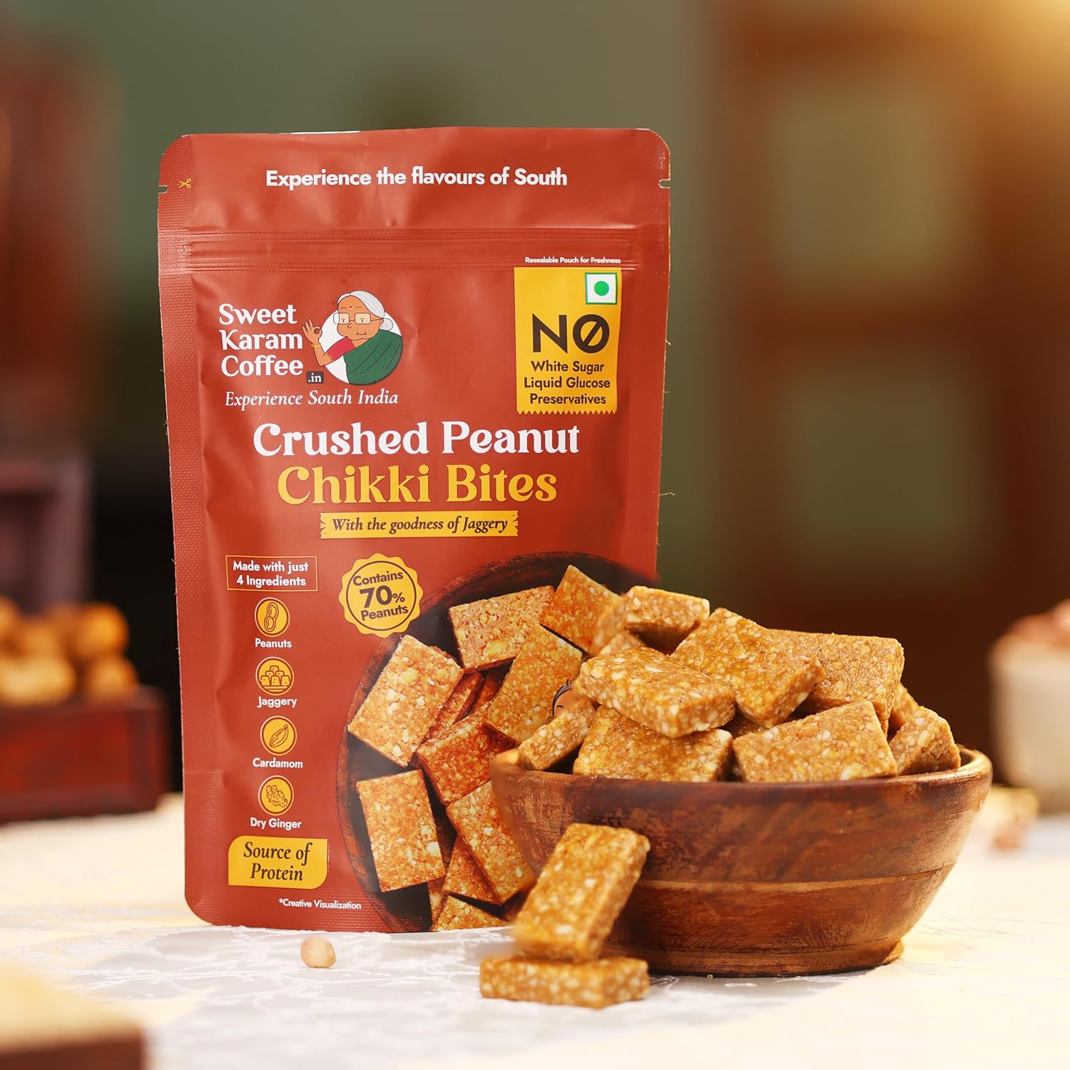 Sweet Karam Coffee Crushed Peanut Chikki Bites - 150g | No White Sugar or Preservatives | Jaggery Sweetened | Protein & Fiber Rich Gajak | Healthy Indian mithai Snack - View 2 of 4