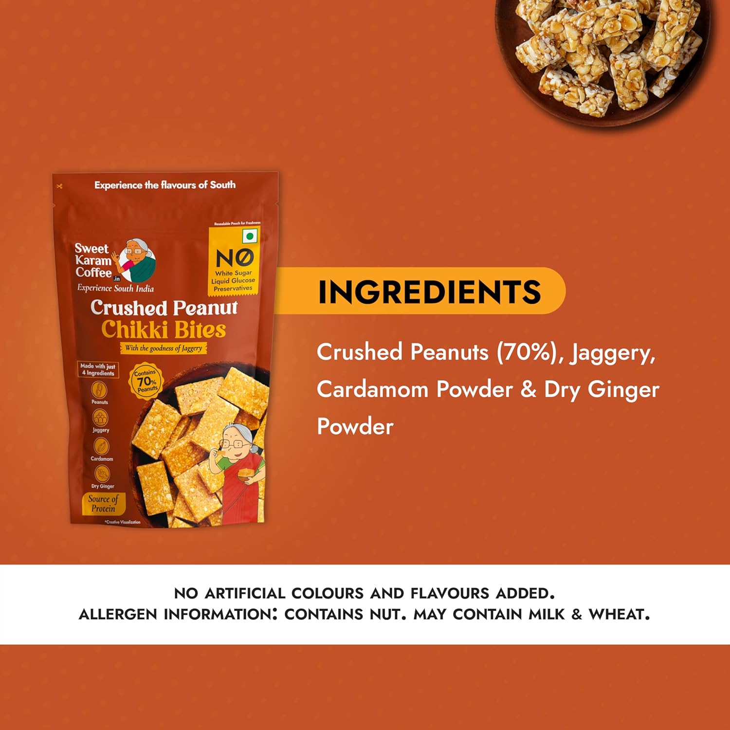 Sweet Karam Coffee Crushed Peanut Chikki Bites - 150g | No White Sugar or Preservatives | Jaggery Sweetened | Protein & Fiber Rich Gajak | Healthy Indian mithai Snack - View 3 of 4
