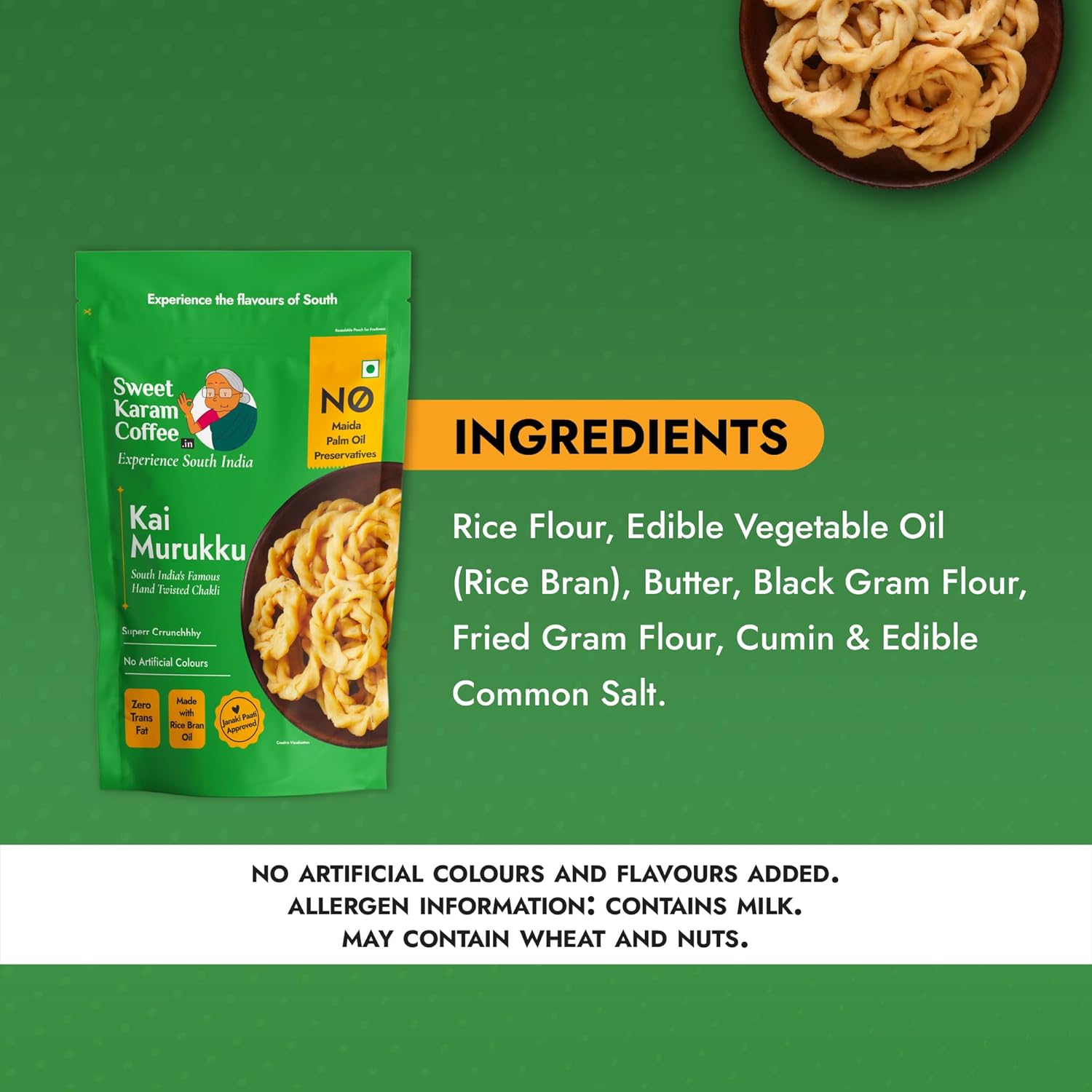 Sweet Karam Coffee Kai Murukku - 150grams | No Palm Oil & Preservatives | Authentic South Indian Hand-Twisted Chakli | Crunchy & Delicious Namkeen | Tea Time Snack | Festive Special - View 2 of 4