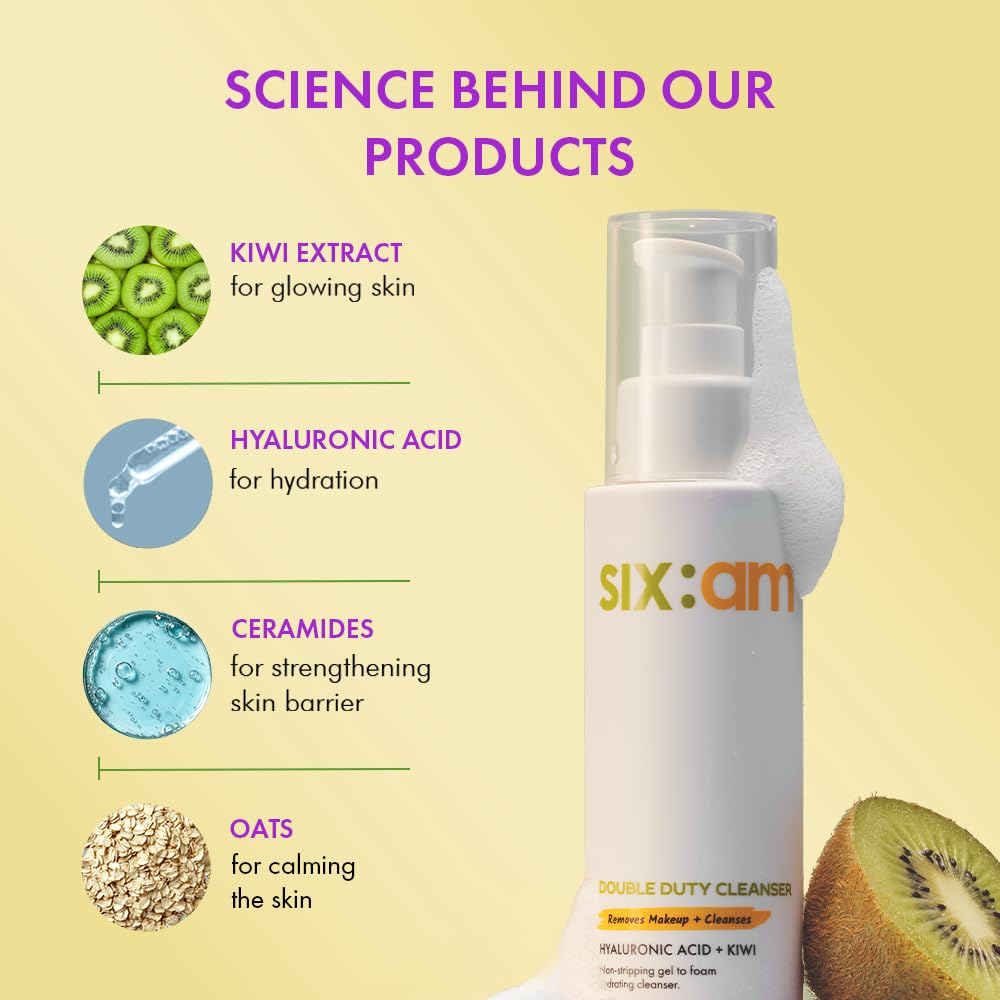 SIX:AM 2-in-1 Korean Double Duty Cleanser | Hyaluronic Acid, Vitamin C & E, Ceramides, Kiwi & Oat Extract | Multifunctional, Non-striping Makeup Remover + Cleanser that removes makeup, dirt, SPF | Leaves Skin Calm, Hydrated and Glowing | All Skin Types, 100ml - View 5 of 6