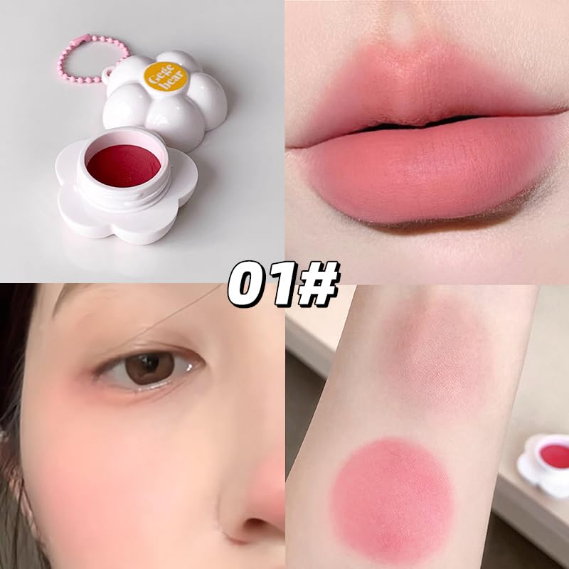 Gege Bear Multi-Purpose Cream Blush | Cherry Blush mud for Cheeks & Lips | Natural Soft Focus Finish | Silky Smooth Creamy Texture | Long Lasting Easy Blend | Kawaii Flower Packaging with Keychain | Cute Blusher for Women & Teen Girls (01# Soft Baby Pink, 4g) - View 2 of 6