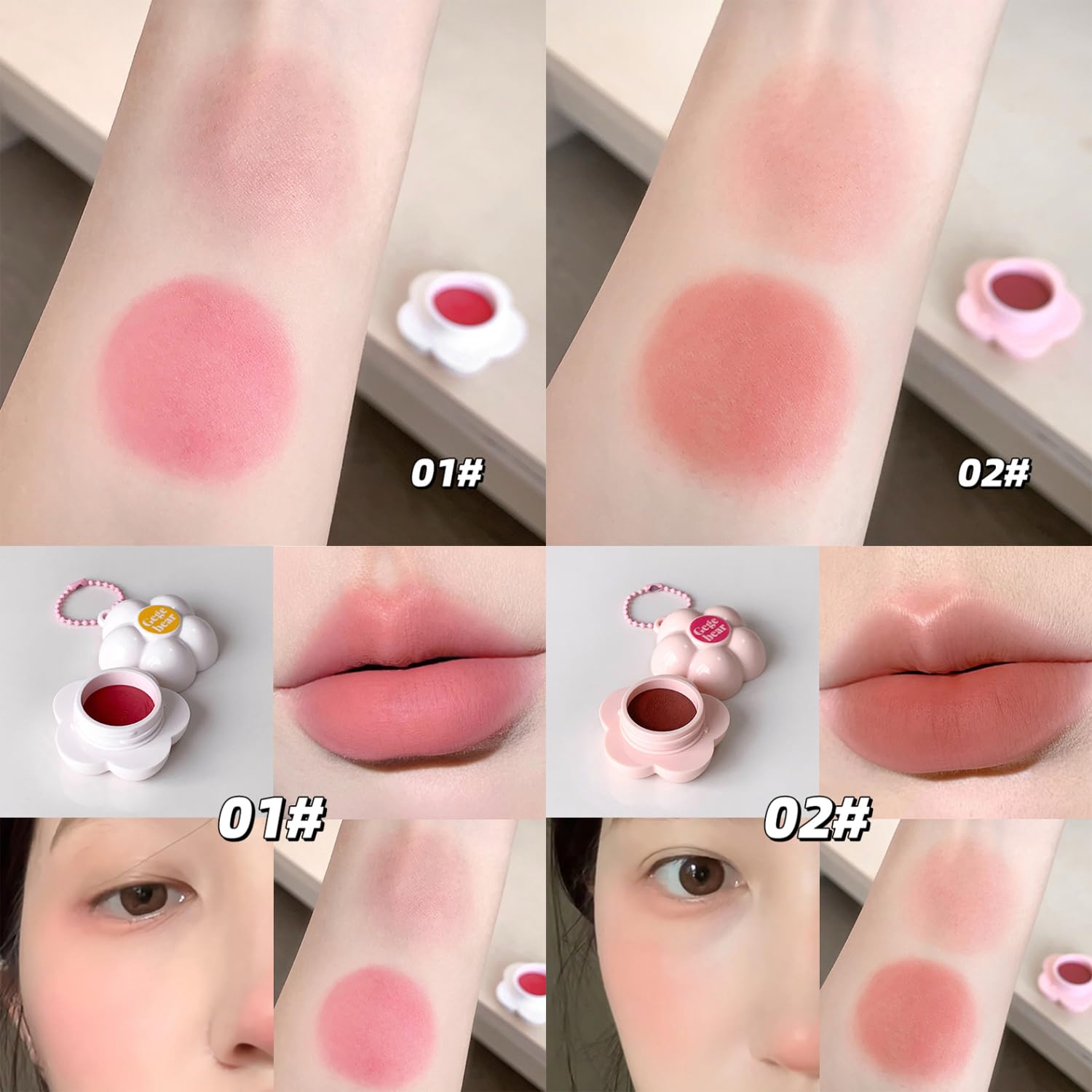 Gege Bear Multi-Purpose Cream Blush | Cherry Blush mud for Cheeks & Lips | Natural Soft Focus Finish | Silky Smooth Creamy Texture | Long Lasting Easy Blend | Kawaii Flower Packaging with Keychain | Cute Blusher for Women & Teen Girls (01# Soft Baby Pink, 4g) - View 4 of 6