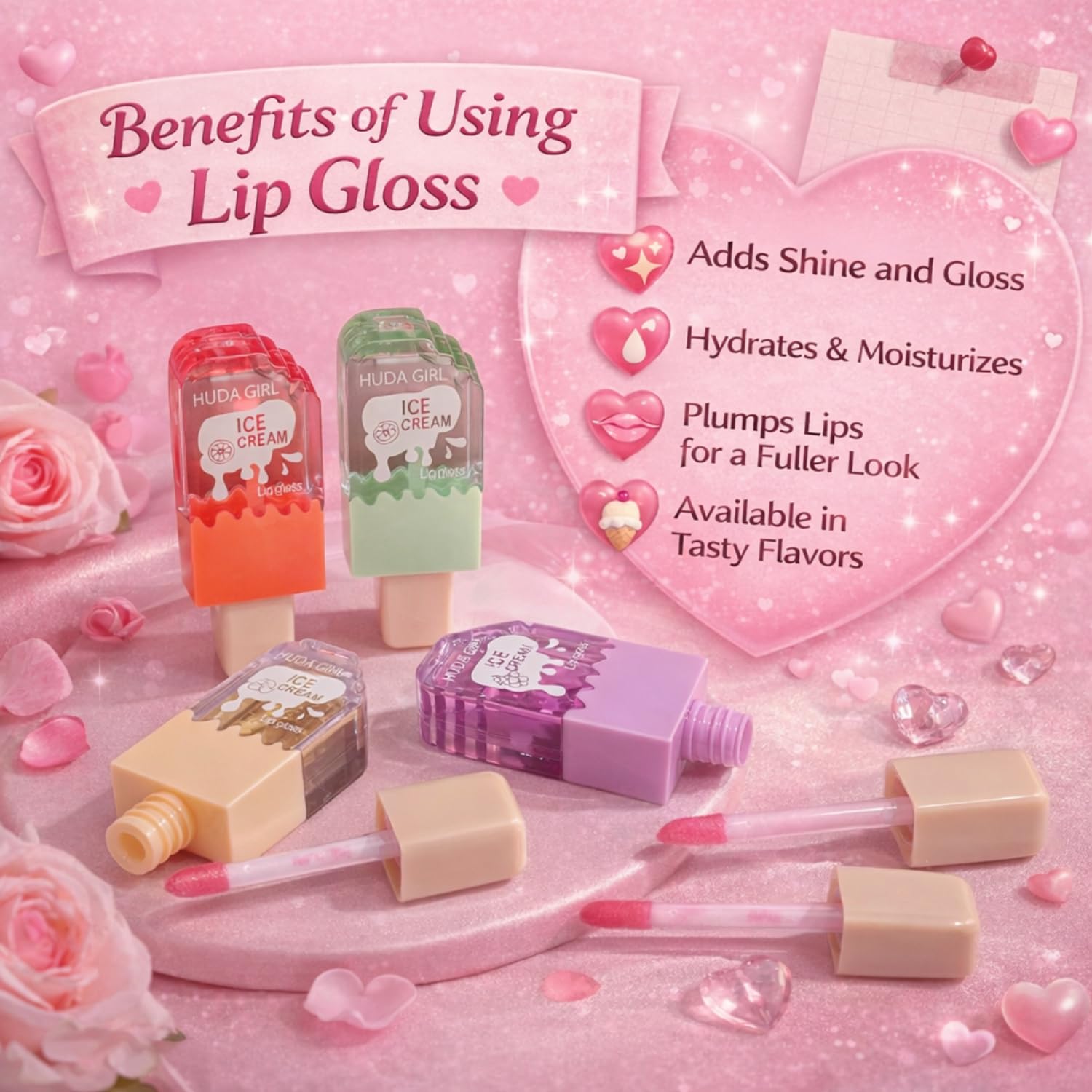 HUDA GIRL 6PC LIP GLOSS COMBO - Waterproof Clear Transparent Lip Plumper, Long Lasting Non-sticky Repair Moisturizing Hydrating for Women & Girl - View 4 of 6