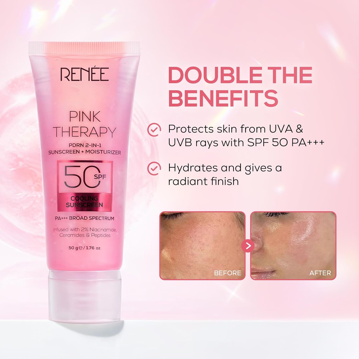 RENEE Pink Therapy PDRN 2-In-1 Sunscreen + Moisturizer SPF 50 PA+++ | In-Vivo Tested | With Niacinamide | Broad Spectrum UVA & UVB Protection | No Visble White Cast | Evens Skin Tone | 50g - View 3 of 4